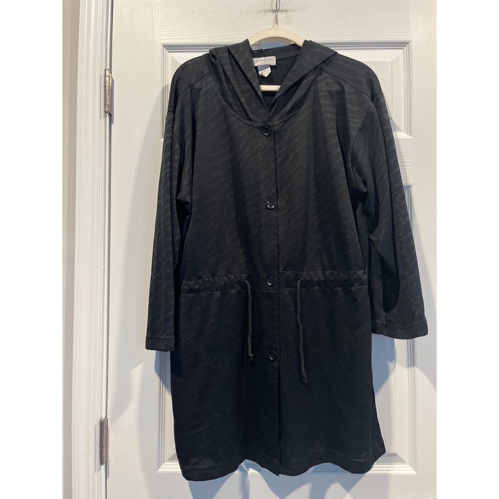 J. Valdi Black Mesh Hooded Swim Cover Up Zebra Print Button Front‎ Medium